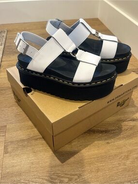 Dr. Martens White Leather Platform Sandals with Black Sole